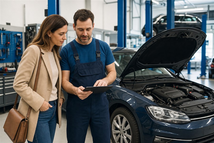 Majitelka auta probírá s mechanikem diagnostiku a rozpočet opravy